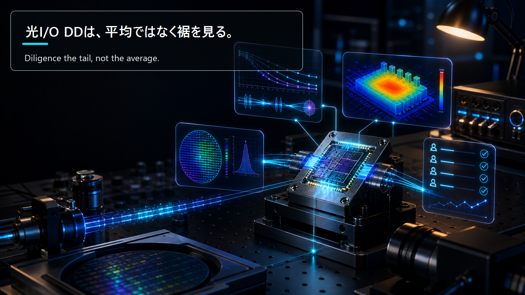 光I/Oスタートアップの挿入損失・熱・量産・顧客評価を測るDDフレームの図