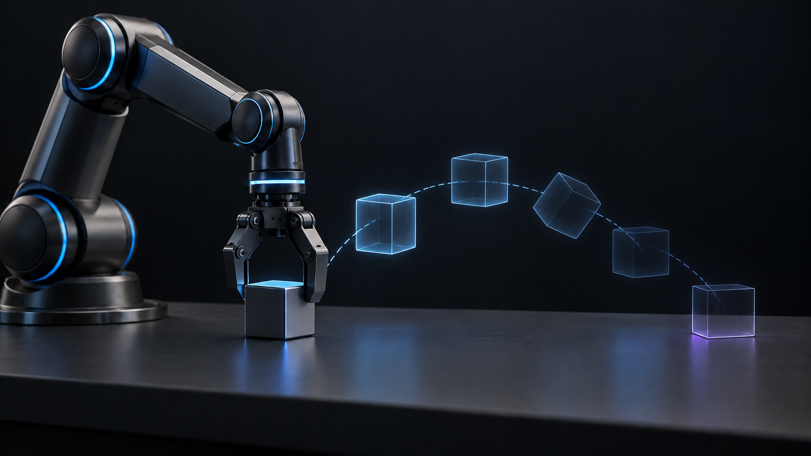 ロボットアームが動く前に、対象物を操作した未来の様子を半透明の連続フレームとして予見する抽象図