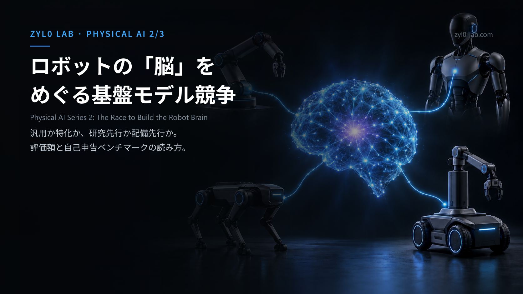光の神経網でできた一つの中枢が、腕型・四足・人型など異なるロボットへ光の糸でつながる概念図