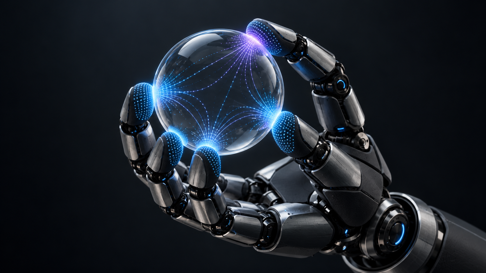 ロボットの手の指先に並んだ触覚センサーの格子が光る様子を描いた図