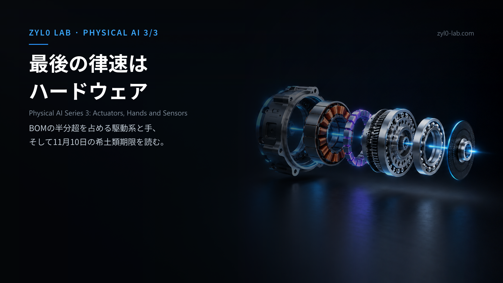 ロボット関節のアクチュエータを構成するモーター、磁石、減速機、エンコーダーが分解されて宙に並ぶ概念図