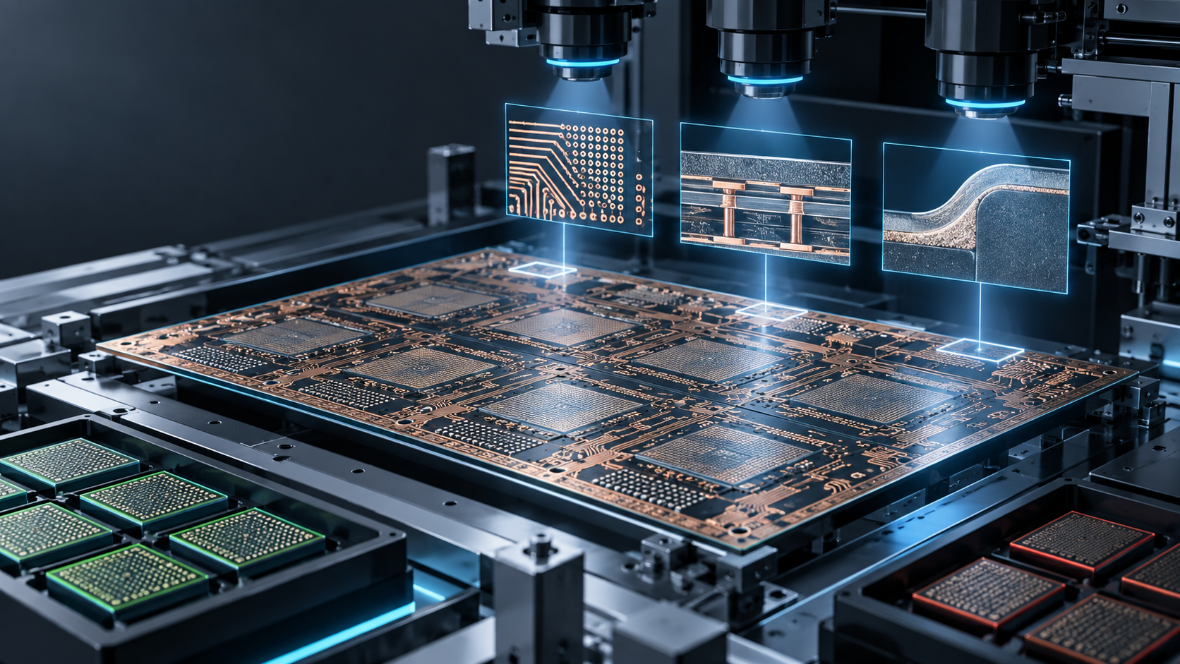 先端半導体基板を光学検査し、配線、ビア、断面の三つの認定ゲートを確認する製造ライン