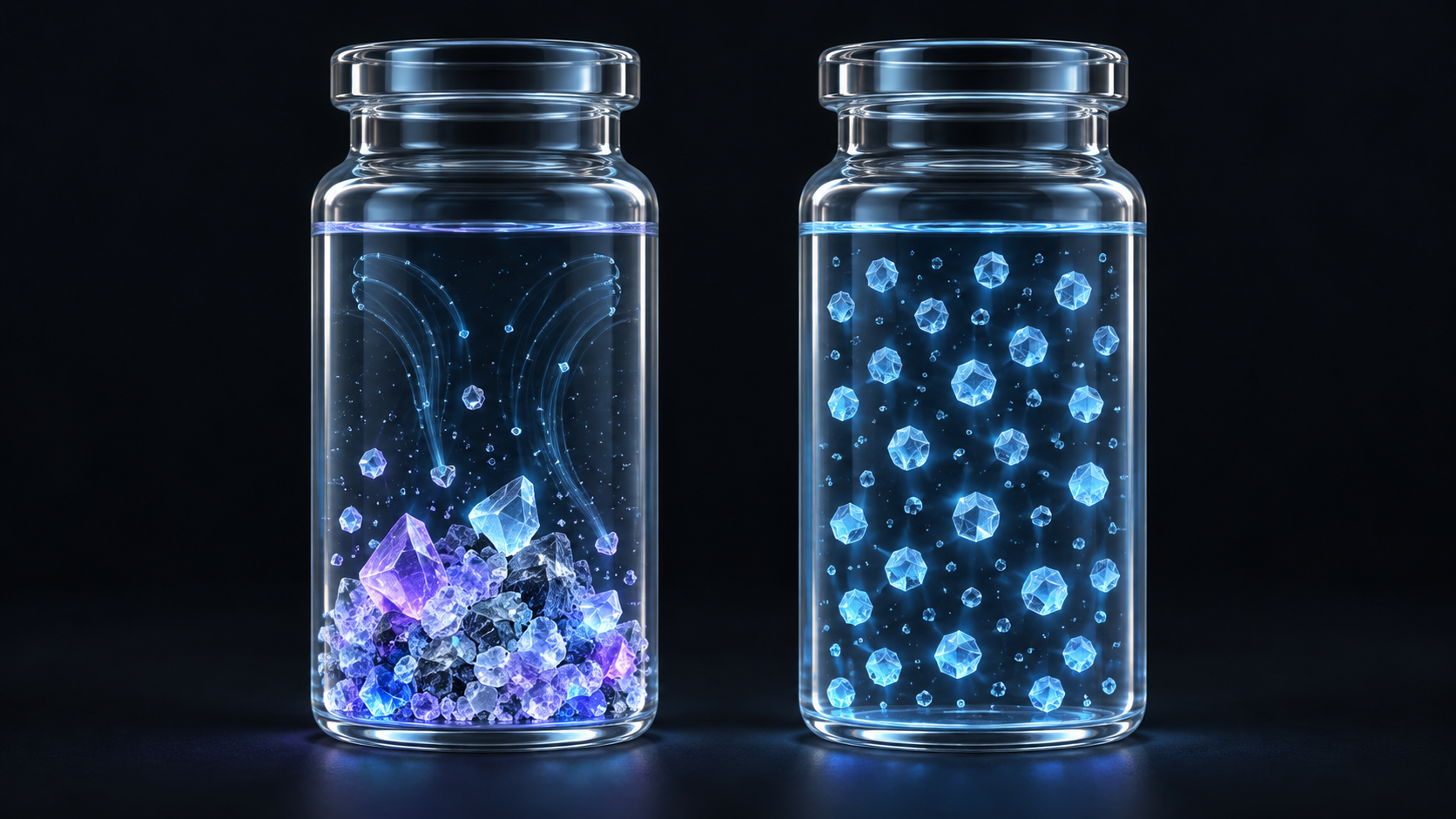 Two vials compared: under gravity, uneven crystals sink into a heap; in microgravity, evenly sized crystals float throughout