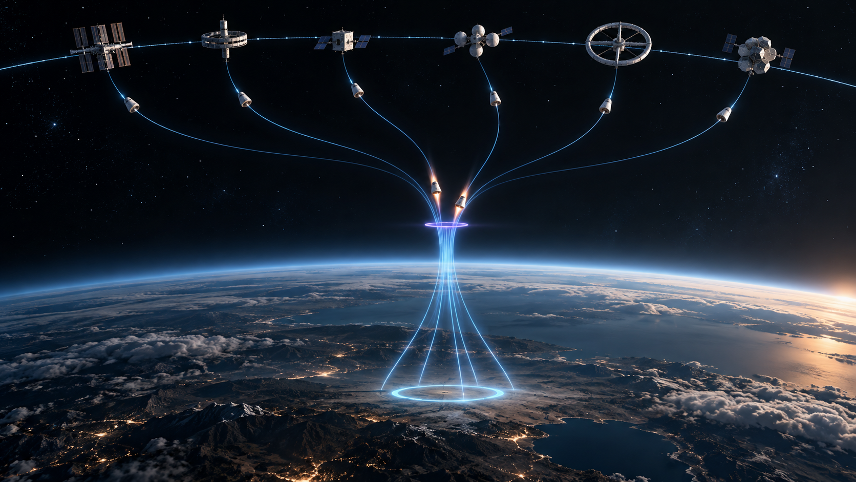 Trajectories from several small orbital platforms converging on one narrow gate in the upper atmosphere on the way to the ground