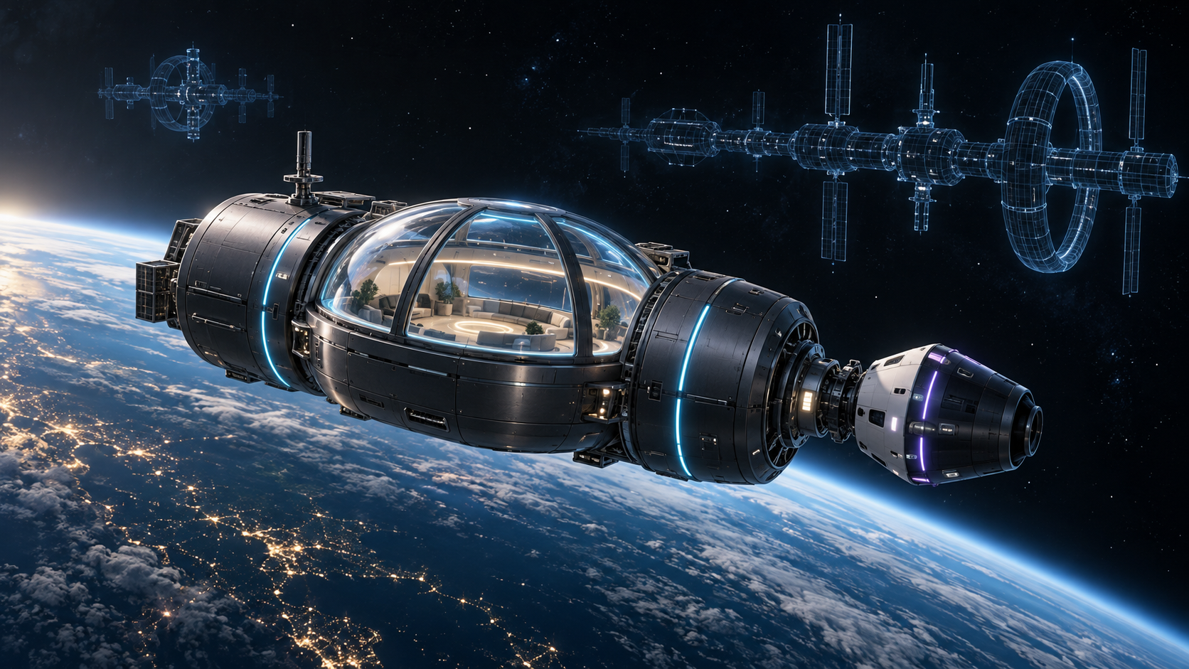 一つのモジュールからなる小さな宇宙ステーションの窓が光り、その奥にまだ存在しない大型ステーションが輪郭線だけで描かれた図