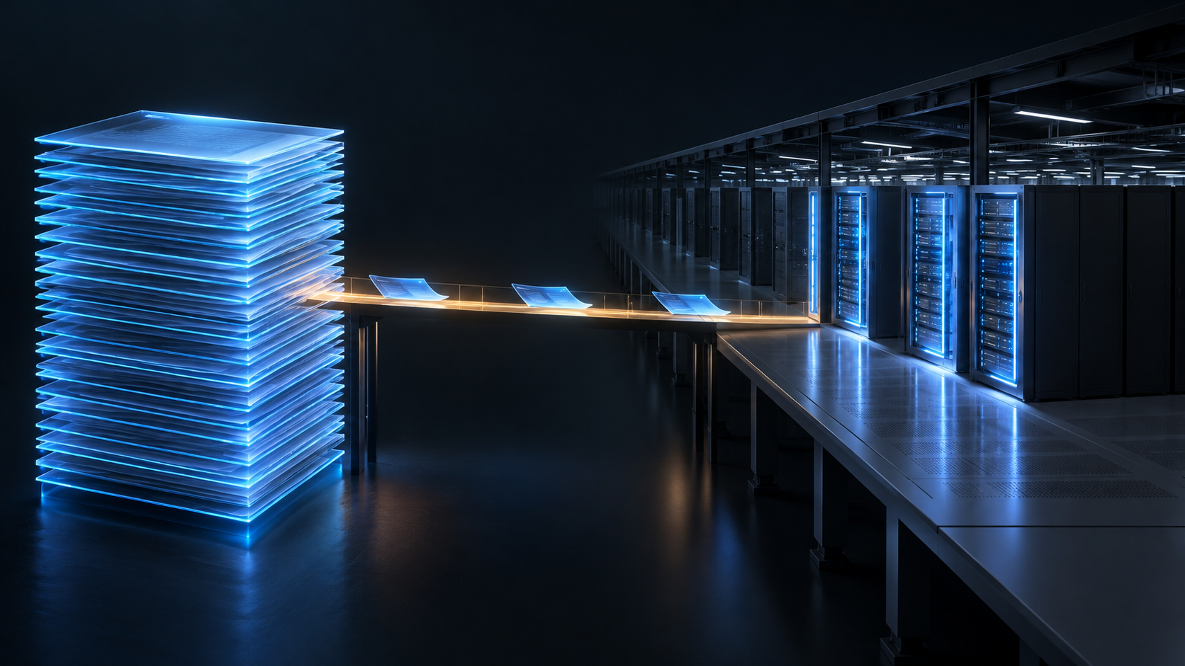 A tall stack of glowing contract sheets on the left, with only a few crossing a narrow bridge of light into a partly lit data-center hall