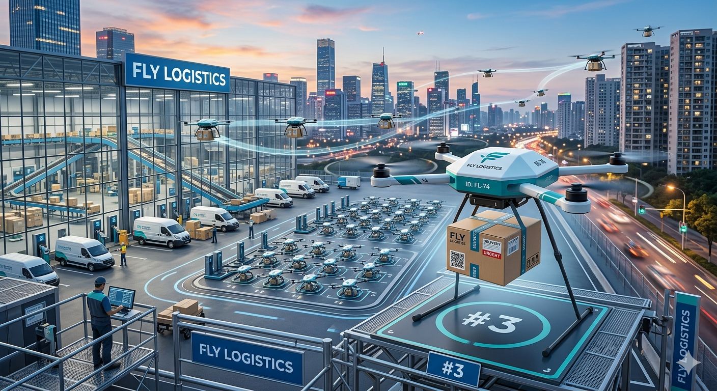 Fly Logisticsのドローン配送センターと都市上空を飛ぶ配送ドローン群
