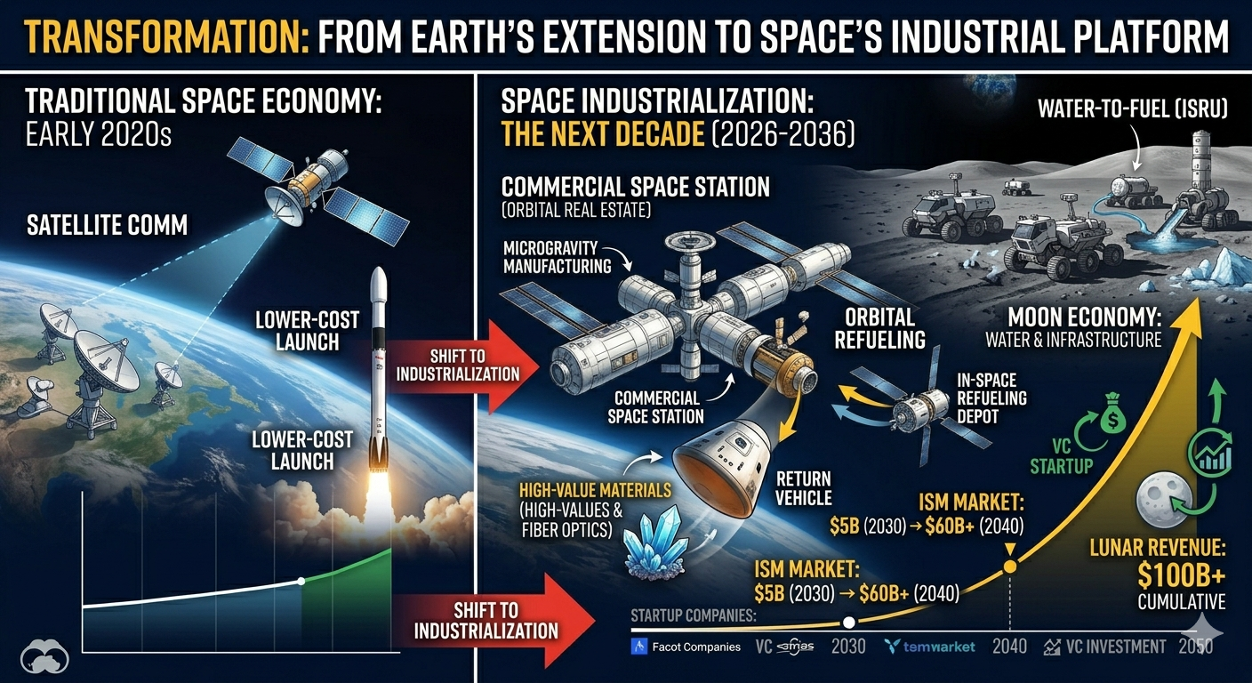 地球の延長から宇宙の産業化プラットフォームへの変革を示すインフォグラフィック